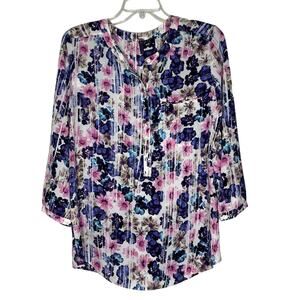 NYDJ Women's Floral Print Blouse Pink Purple Button-Down Size S